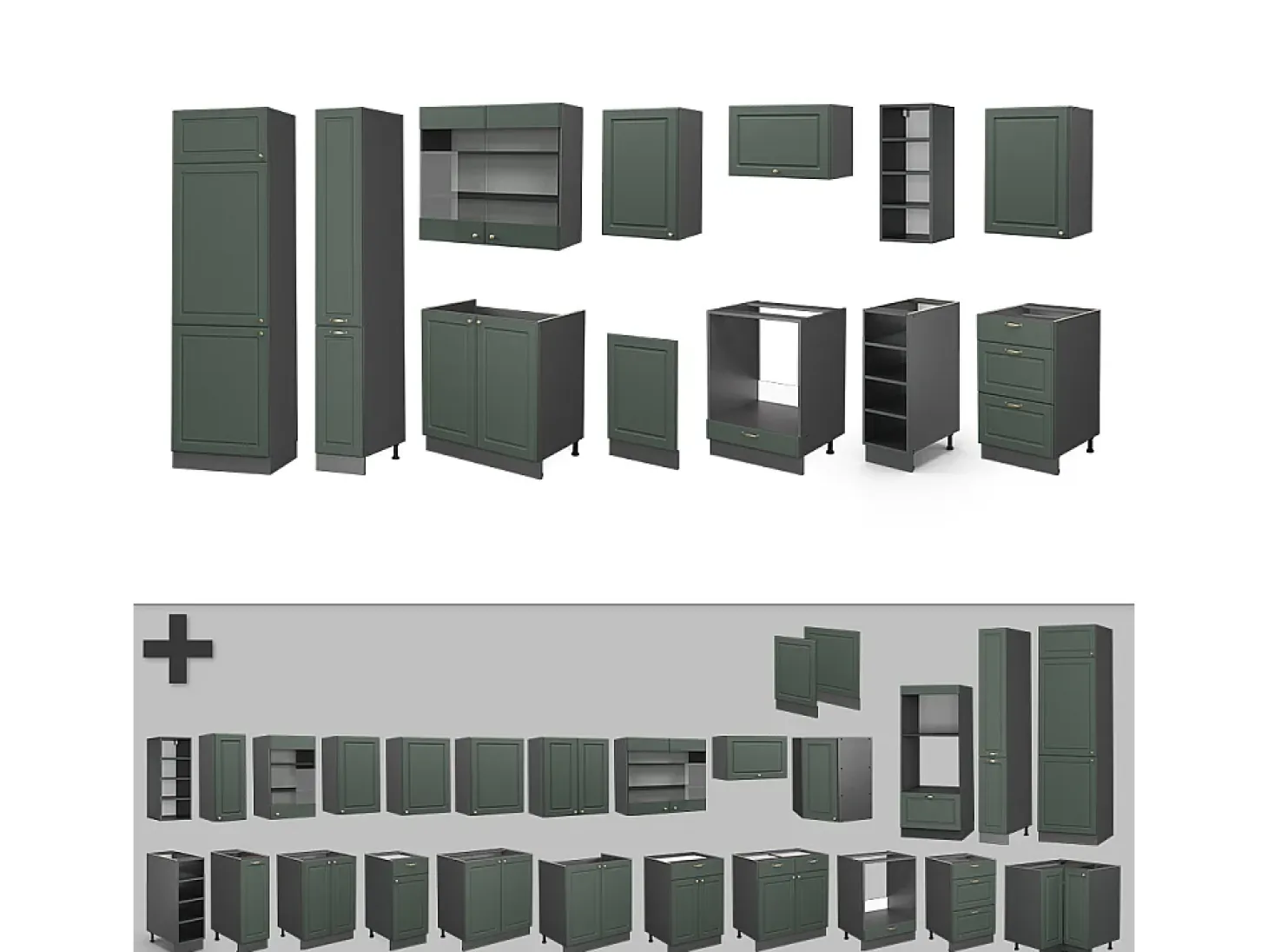 Mueble de cocina verde-dorado casa de campo/antracita 355x60x81.6 fame-line