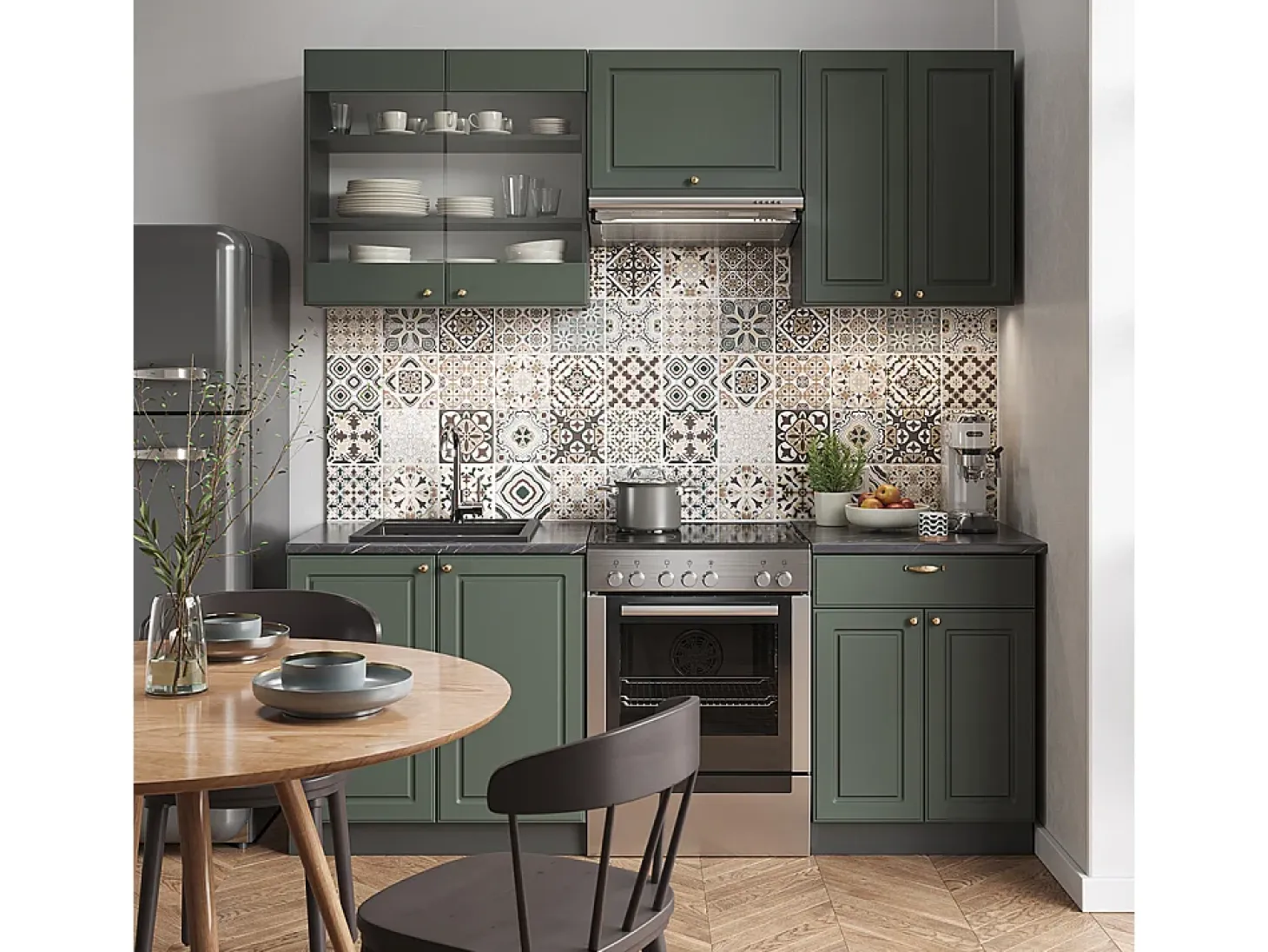 Mueble de cocina verde-dorado casa de campo/antracita 200x60x81.6 fame-line