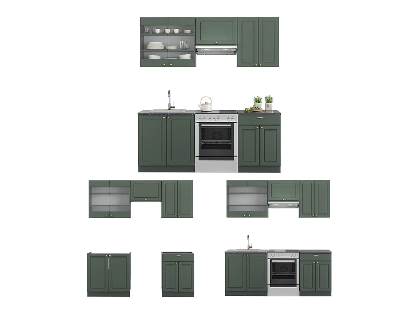 Mueble de cocina verde-dorado casa de campo/antracita 200x60x81.6 fame-line
