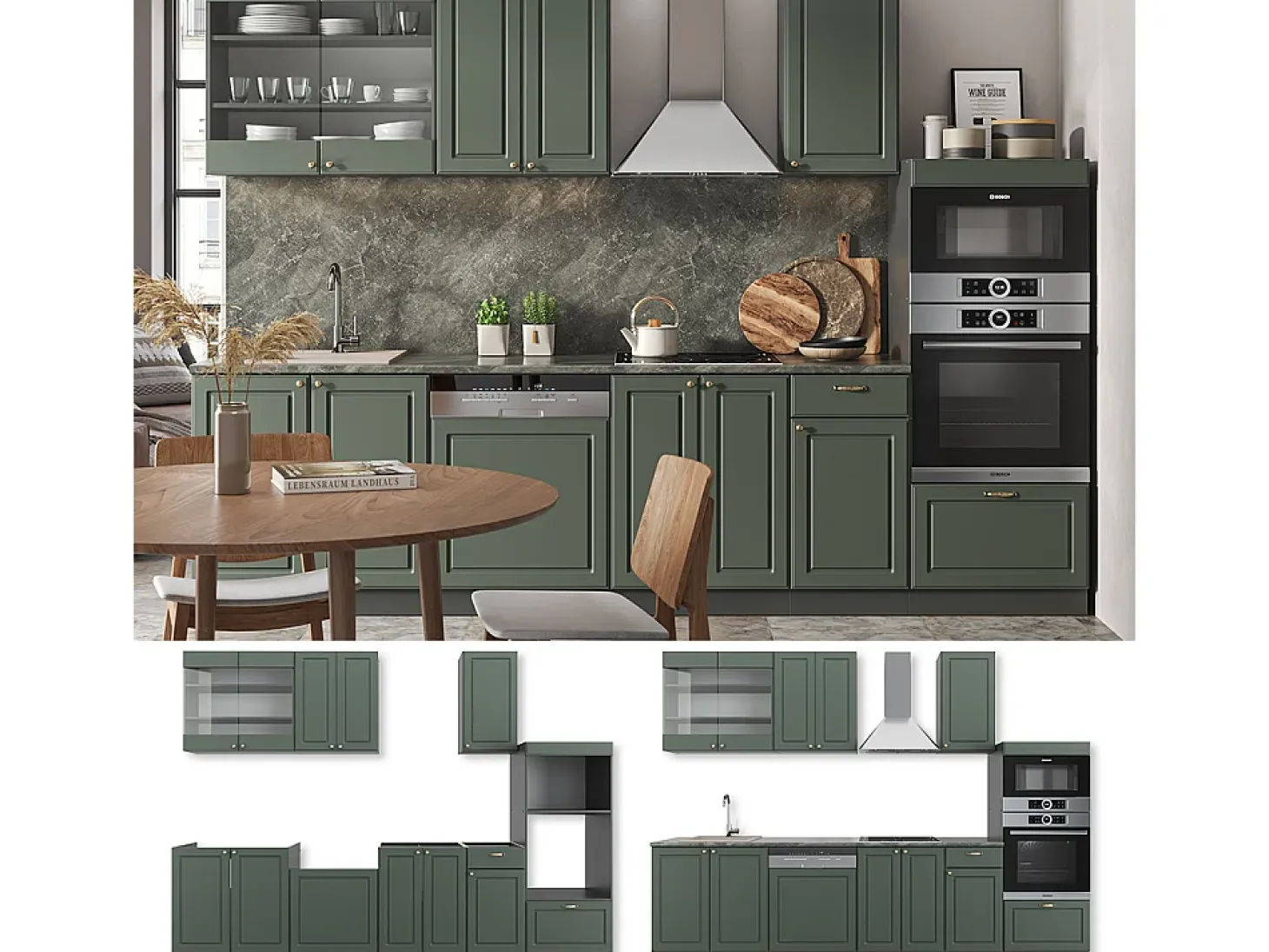 Mueble de cocina verde-dorado casa de campo/antracita 300x60x81.6 fame-line