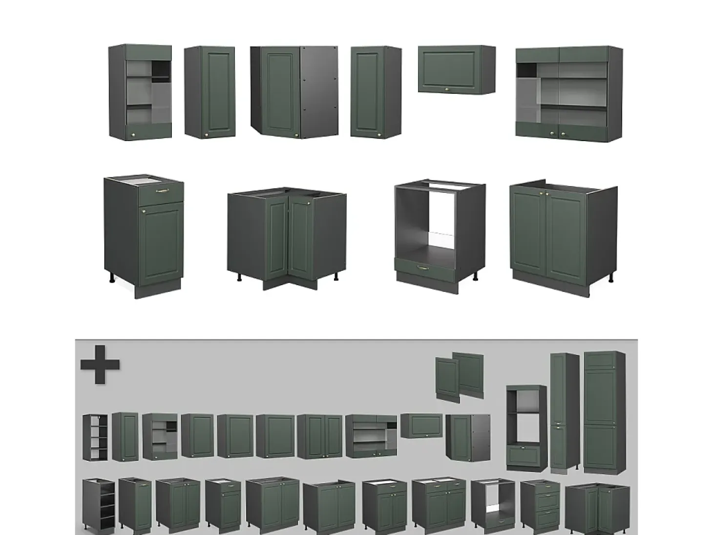 Mueble de cocina verde-dorado casa de campo/antracita 200x60x81.6 fame-line