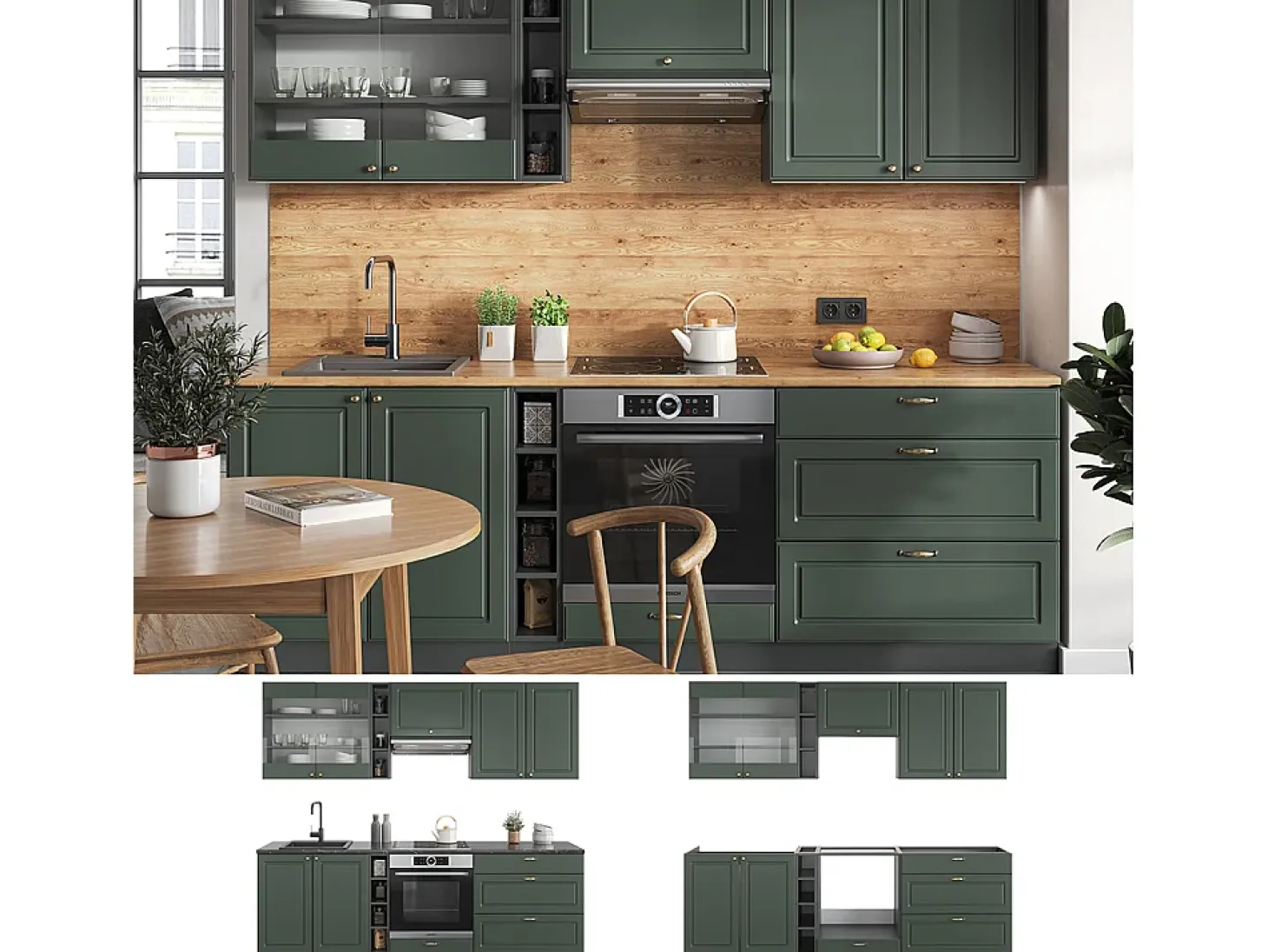 Mueble de cocina verde-dorado casa de campo/antracita 235x60x81.6 fame-line