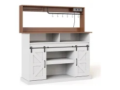 Mueble de cocina 120x40x130cm - con USB y enchufe - con alacena para vino - 2 puertas correderas - estilo rústico - Blanco