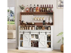 Mueble de cocina 120x40x130cm - con USB y enchufe - con alacena para vino - 2 puertas correderas - estilo rústico - Blanco