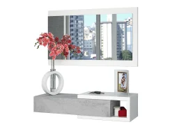 Mueble de Entrada Reversible con Espejo y 1 Cajón Color Blanco ártico/Cemento - 19 x 95 x 26 cm