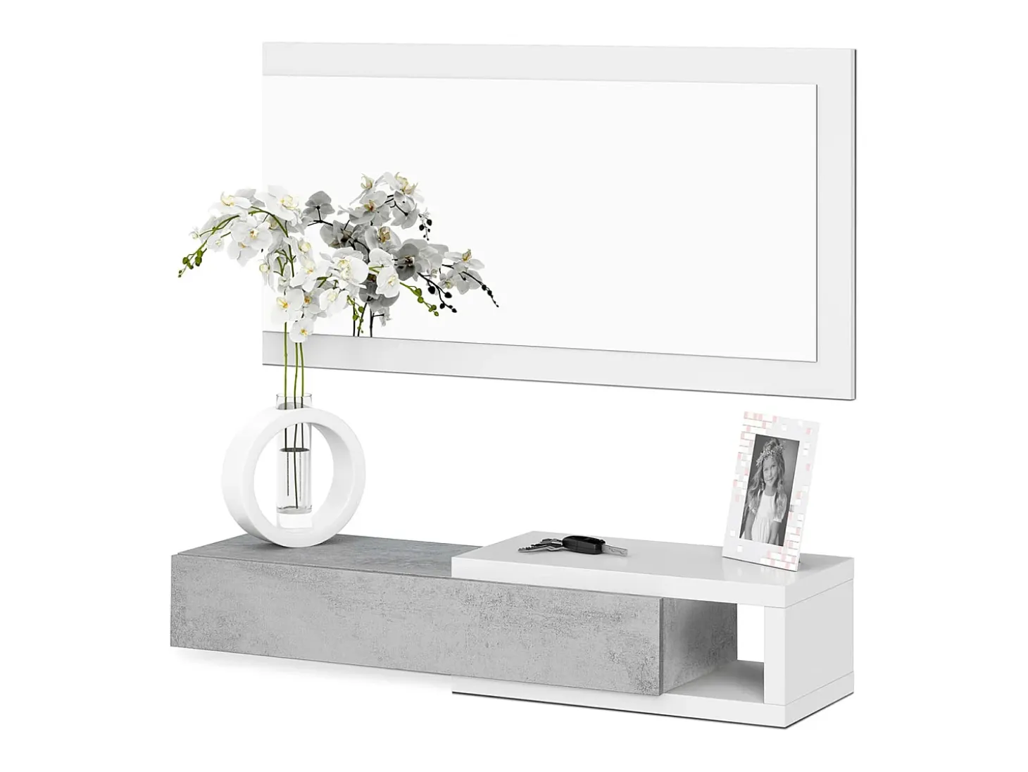 Mueble de Entrada Reversible con Espejo y 1 Cajón Color Blanco ártico/Cemento - 19 x 95 x 26 cm