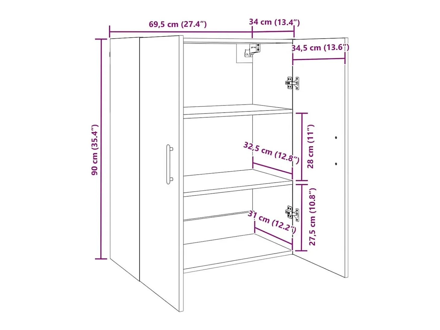 Mueble de pared de roble hecho a mano 69,5 x 34 x 90 cm
