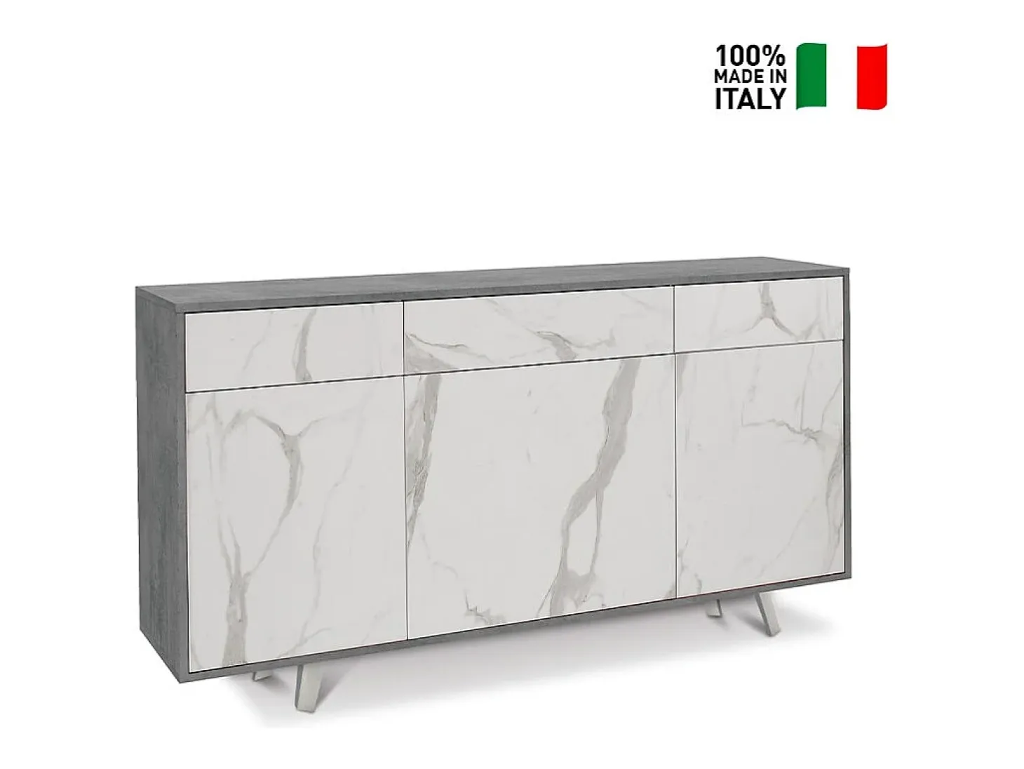 Mueble de salón moderno 3 puertas 3 cajones aparador de cocina Dalgo - Gris - Mármol Calacatta