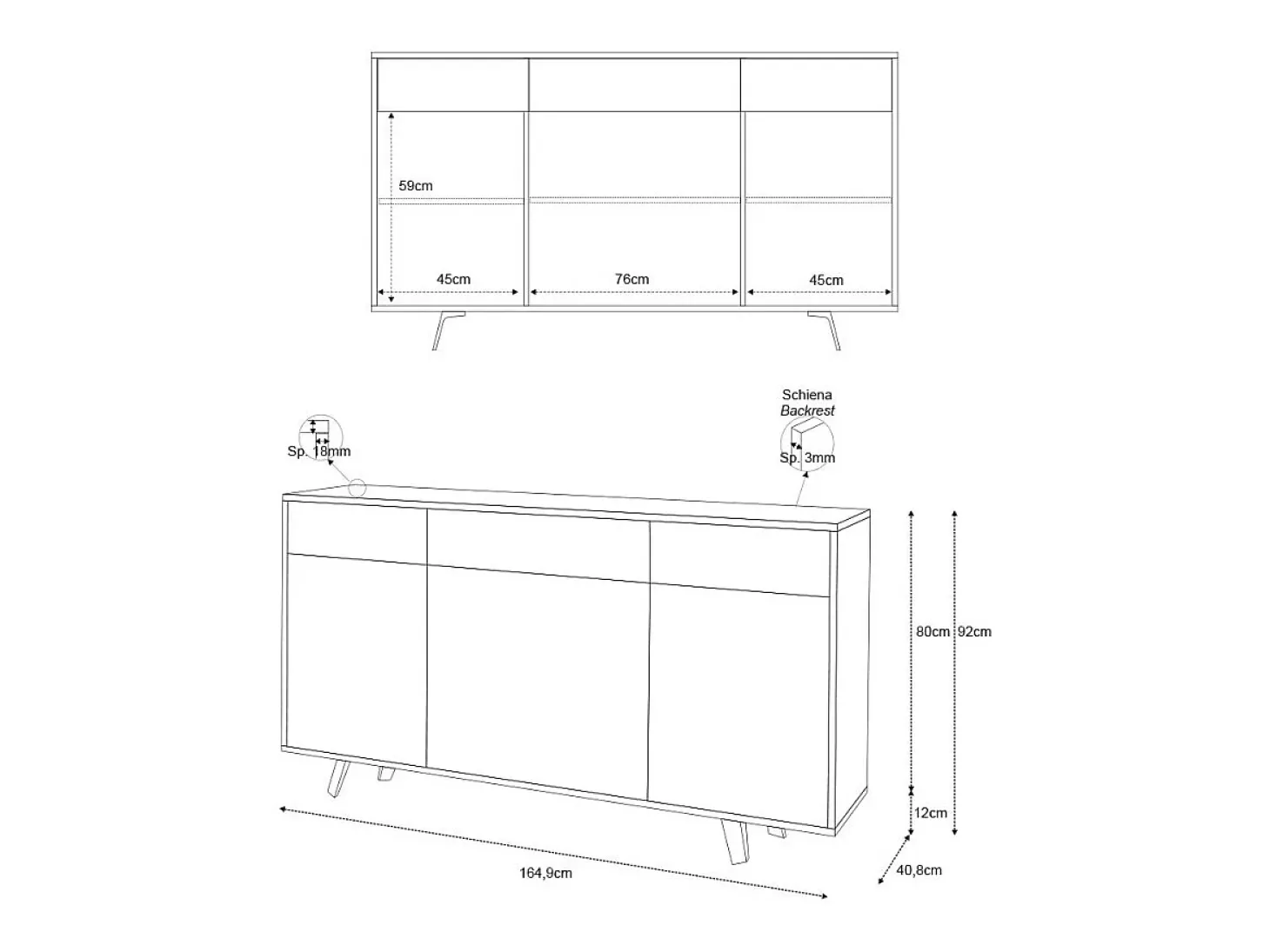 Mueble de salón moderno 3 puertas 3 cajones aparador de cocina Dalgo - Gris - Mármol Calacatta
