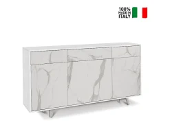 Mueble de salón moderno 3 puertas 3 cajones aparador de cocina Dalgo - Blanco - Mármol Calacatta