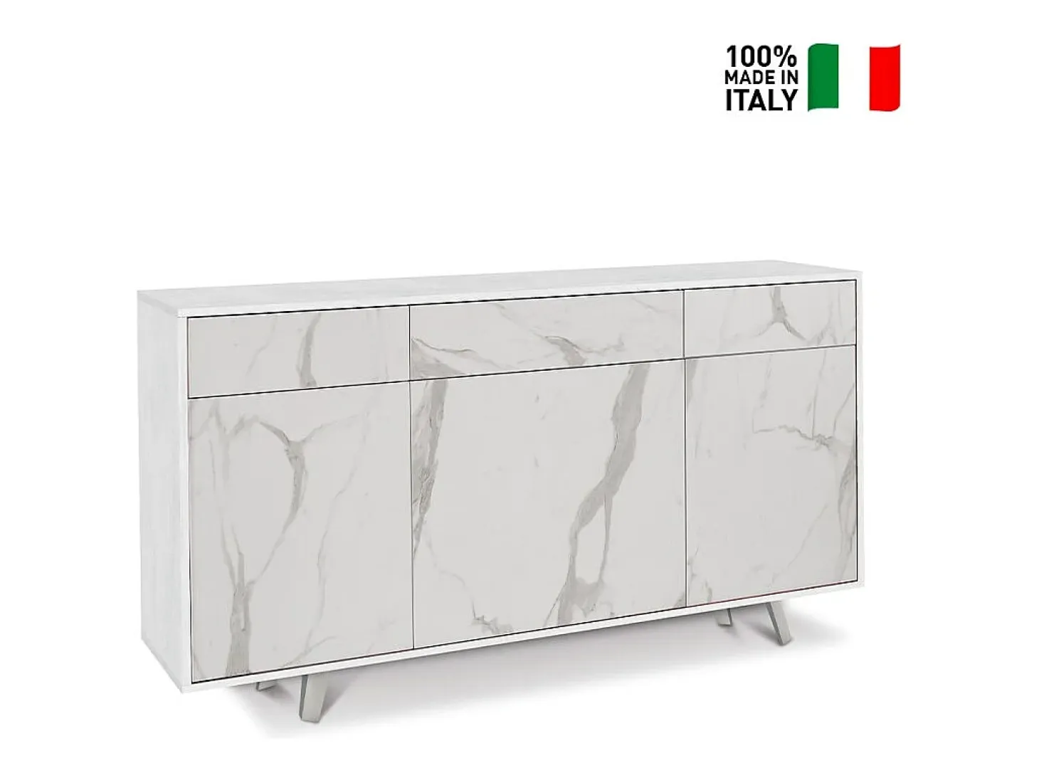 Mueble de salón moderno 3 puertas 3 cajones aparador de cocina Dalgo - Blanco - Mármol Calacatta