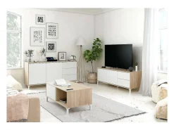 Mueble de TV con 2 Puertas y 2 Cajones de Estilo Moderno con Acabado en Color Blanco Artik y Roble - Dim: 47 x 130 x 41 cm