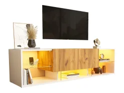 Mueble de TV de 3 niveles - 160 x 40 x 42 cm - con tapa de cristal + 2 cajones + LED - aglomerado - blanco