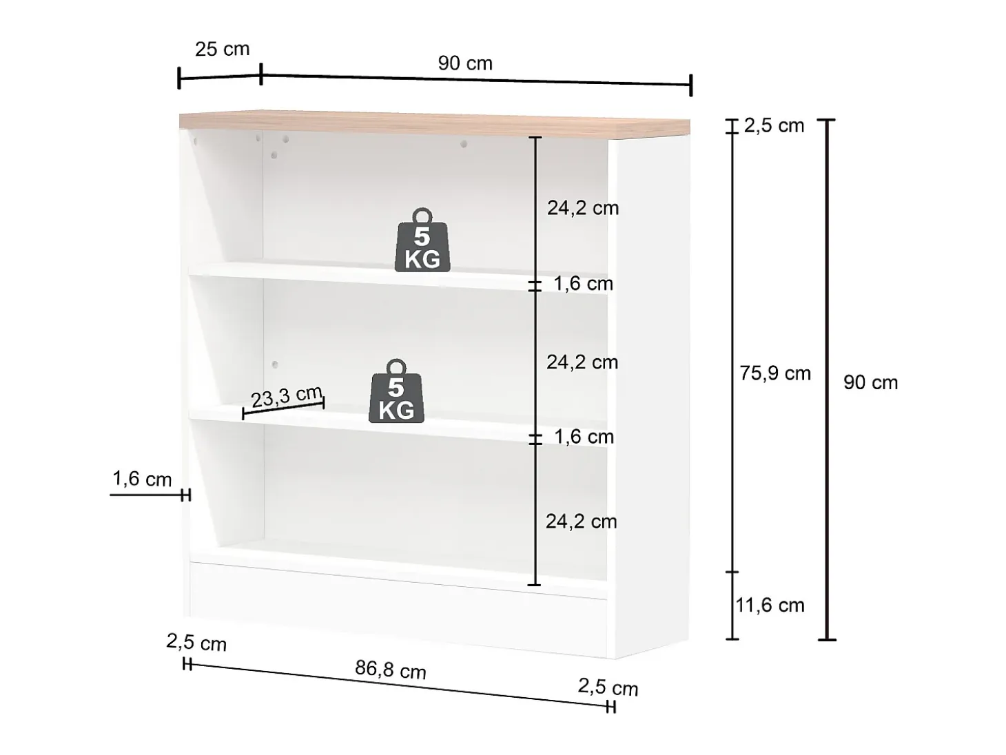 Mueble estantería de cocina Sole con 3 estantes blanco brillo y roble 90x90x25 cm