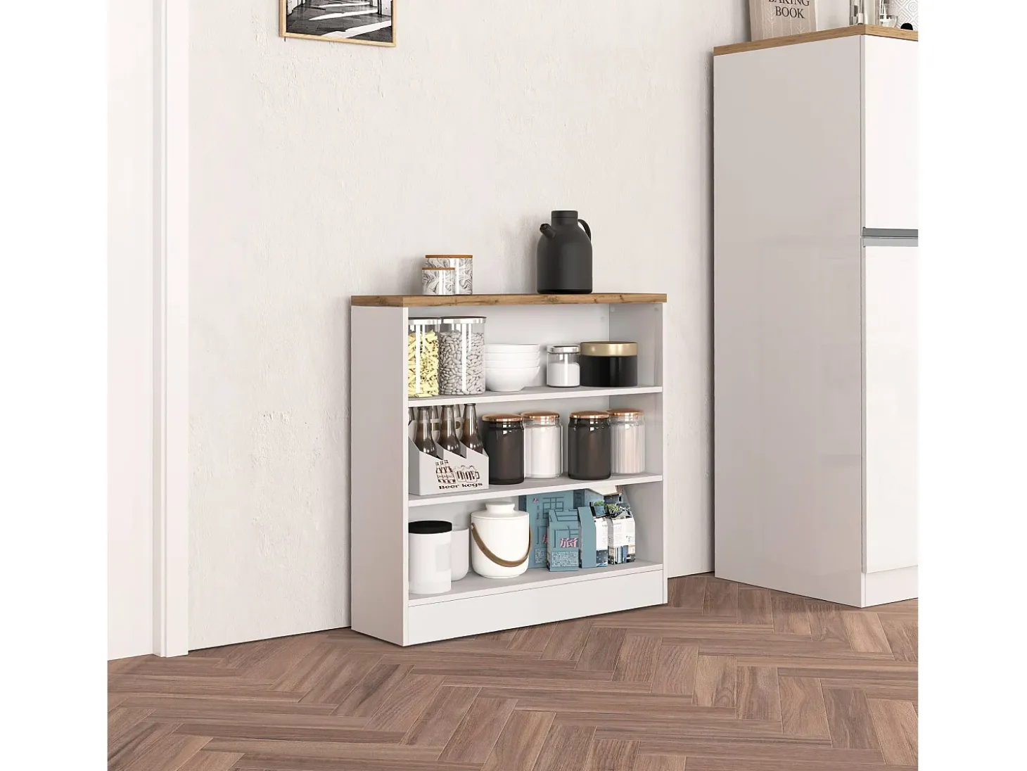 Mueble estantería de cocina Sole con 3 estantes blanco brillo y roble 90x90x25 cm