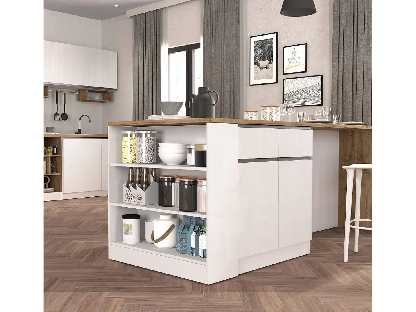 Mueble estantería de cocina Sole con 3 estantes blanco brillo y roble 90x90x25 cm