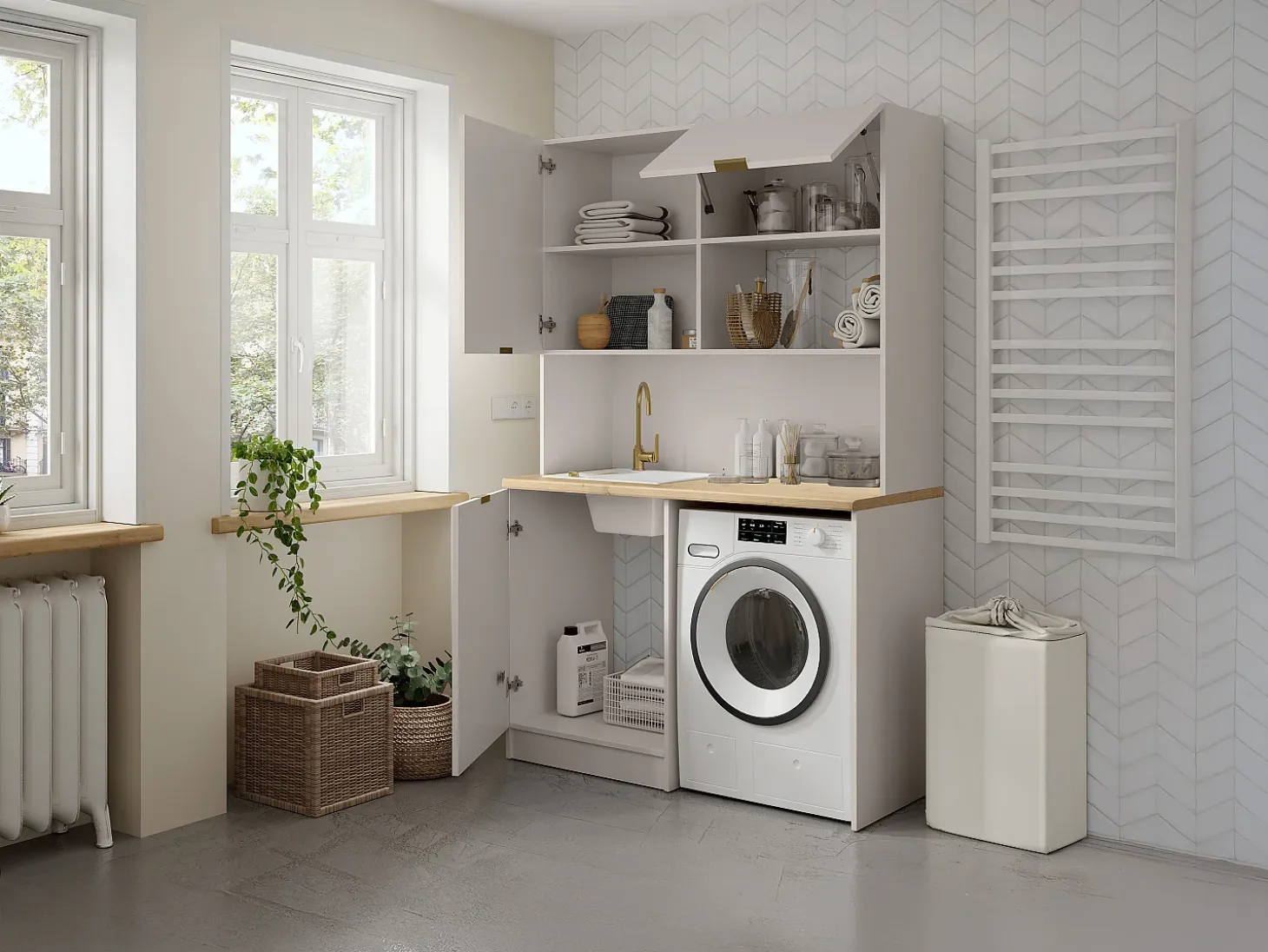 Mueble multifunción para cocina y lavadero - Con encimera 120 cm - Beige y natural - CARMEO