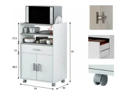 Mueble para Microondas con Ruedas de Madera melamina Blanco Efecto Cemento - Longitud 59 x Profundidad 40 x Altura 92 cm