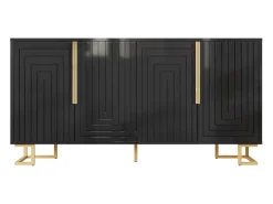 Mueble TV geométrico, diseño moderno, MDF, negro y dorado, con 2 puertas y 4 compartimentos (152x40x75 cm)