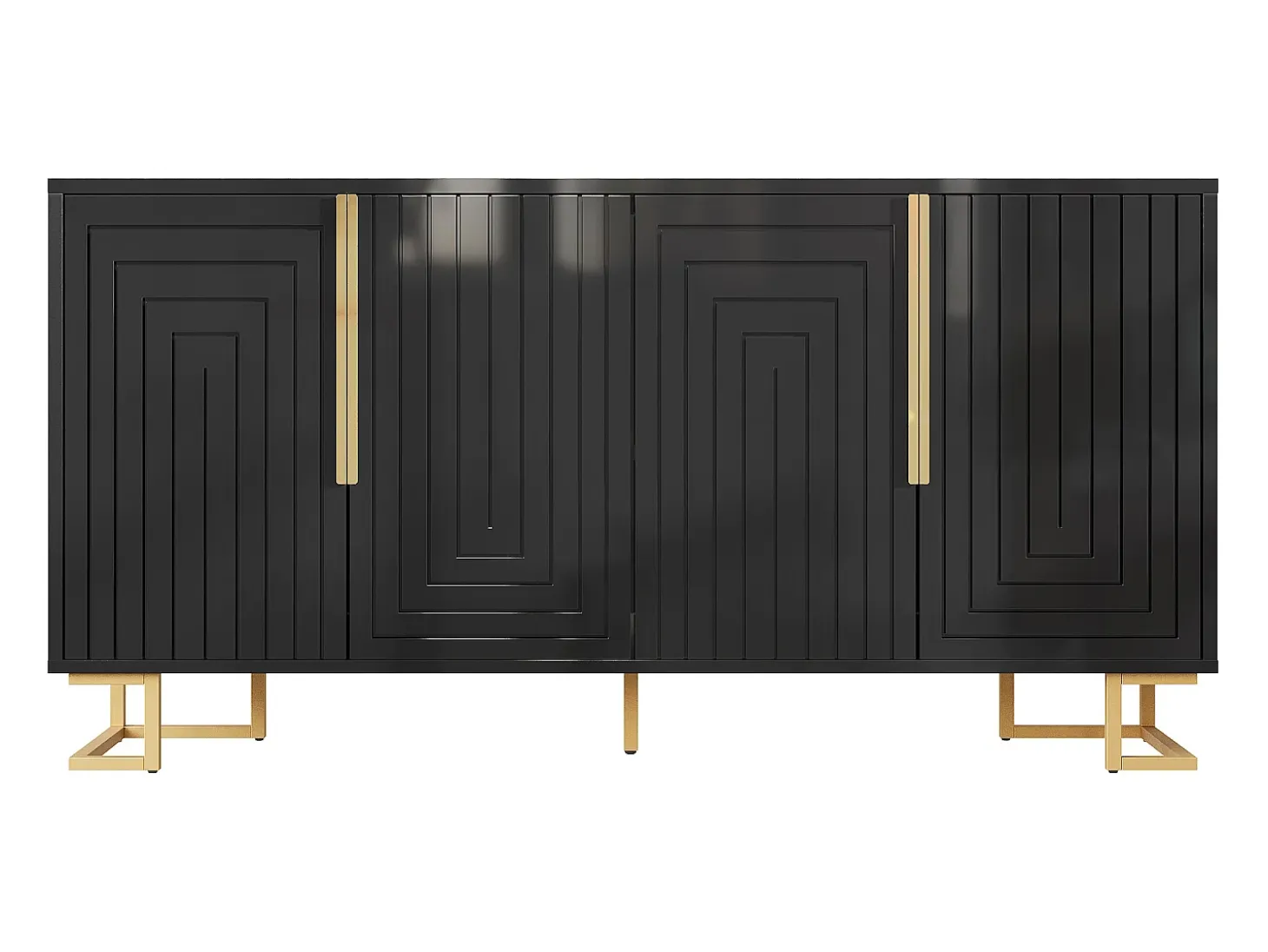 Mueble TV geométrico, diseño moderno, MDF, negro y dorado, con 2 puertas y 4 compartimentos (152x40x75 cm)