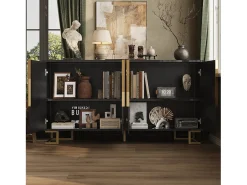 Mueble TV geométrico, diseño moderno, MDF, negro y dorado, con 2 puertas y 4 compartimentos (152x40x75 cm)