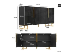 Mueble TV geométrico, diseño moderno, MDF, negro y dorado, con 2 puertas y 4 compartimentos (152x40x75 cm)