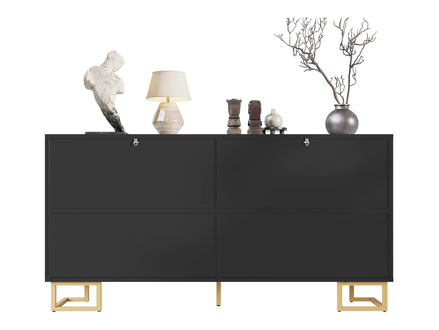 Mueble TV geométrico, diseño moderno, MDF, negro y dorado, con 2 puertas y 4 compartimentos (152x40x75 cm)