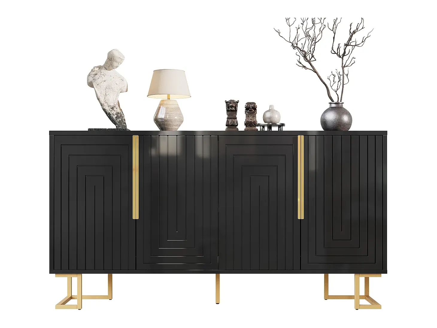 Mueble TV geométrico, diseño moderno, MDF, negro y dorado, con 2 puertas y 4 compartimentos (152x40x75 cm)