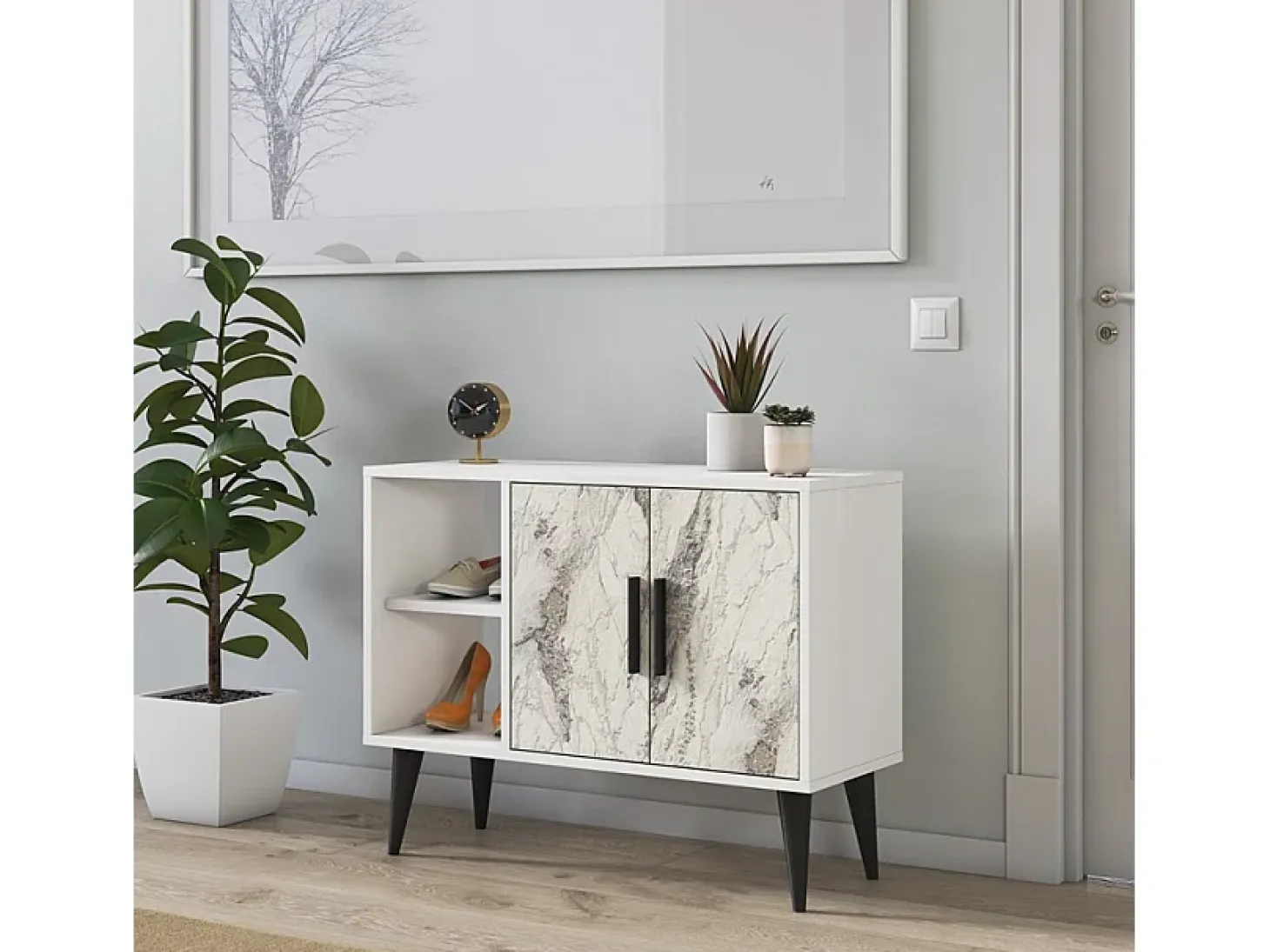 Mueble zapatero blanco moderno para recibidor y salón 90x35x70cm Arizona - Efecto mármol blanco