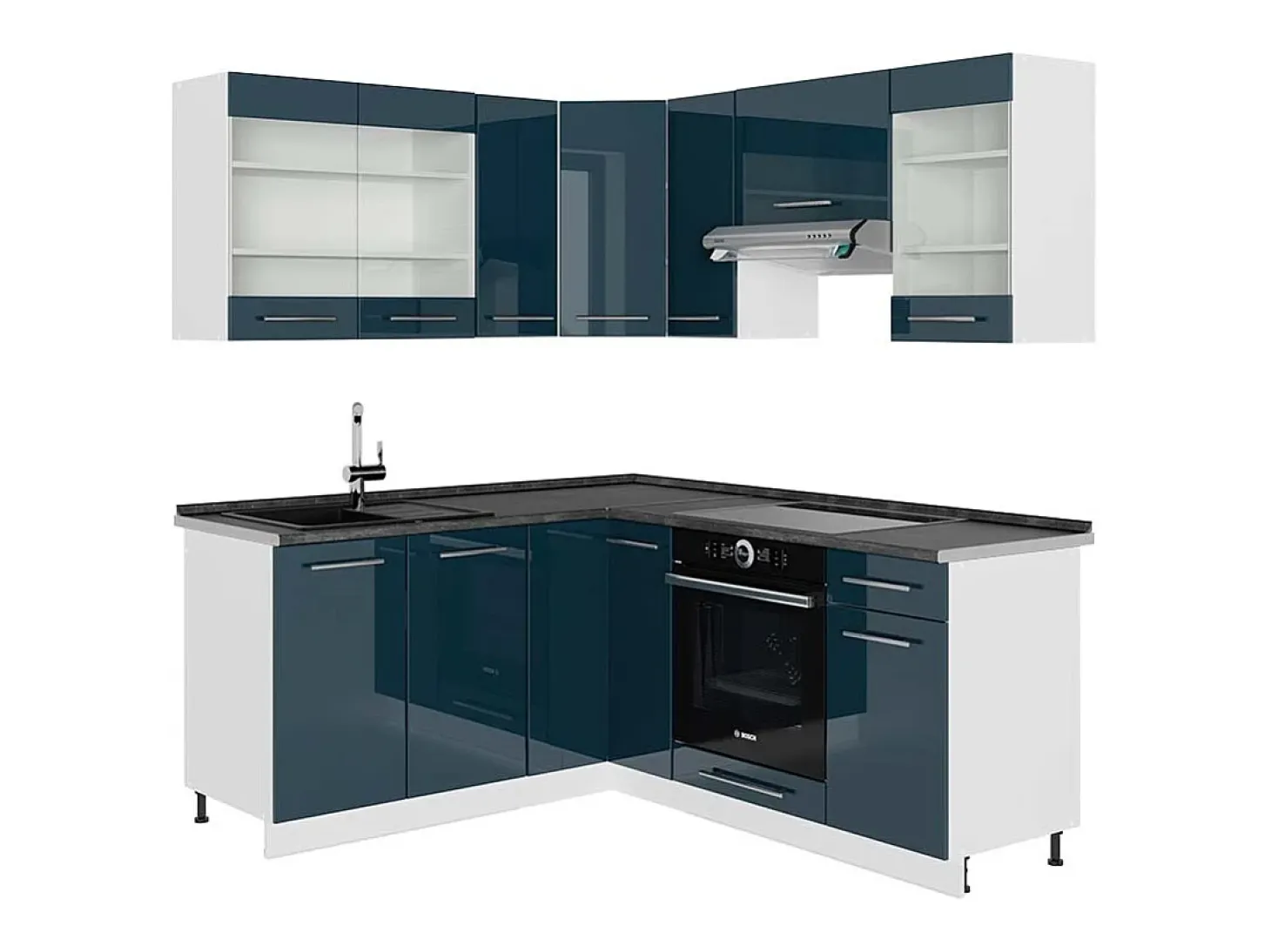 Muebles de cocina azul oscuro alto brillo/blanco 190x60x81.6 fame-line