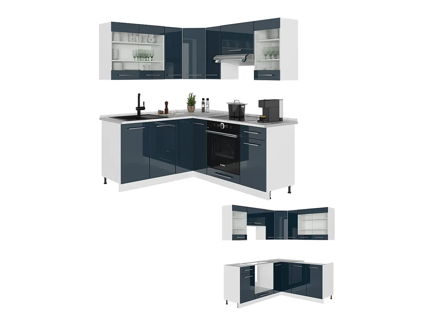Muebles de cocina azul oscuro alto brillo/blanco 190x60x81.6 fame-line