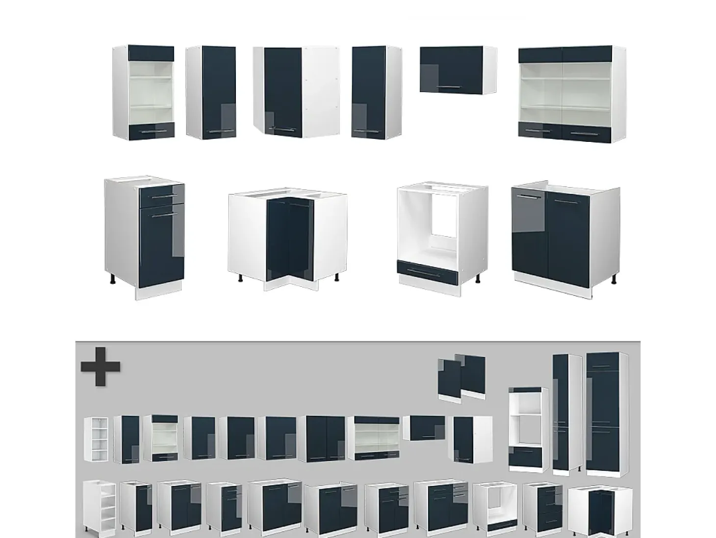 Muebles de cocina azul oscuro alto brillo/blanco 190x60x81.6 fame-line