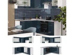 Muebles de cocina azul oscuro alto brillo/blanco 190x60x81.6 fame-line