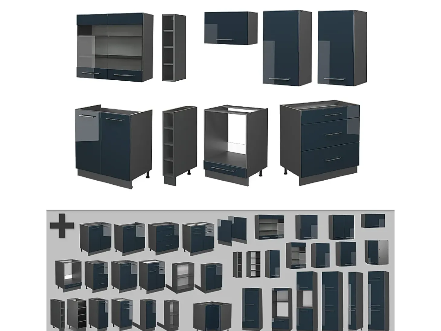 Muebles de cocina azul oscuro alto brillo/antracita 235x46x81.6 fame-line