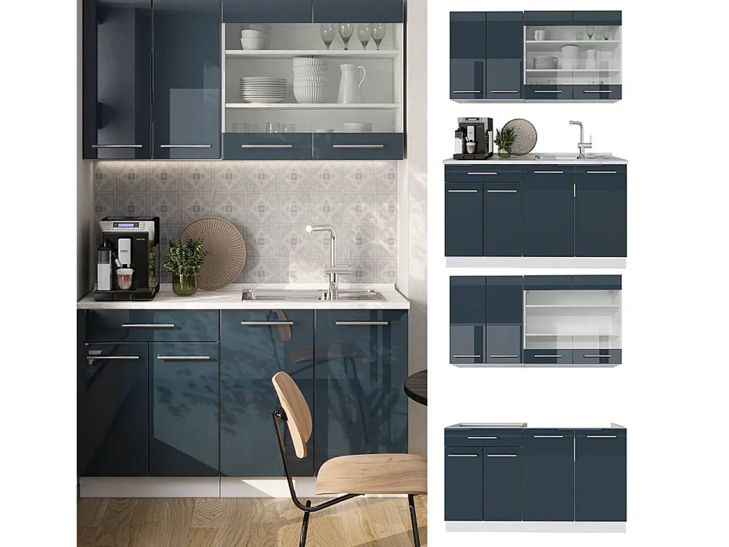 Muebles de cocina azul oscuro alto brillo/blanco 140x60x81.6 fame-line