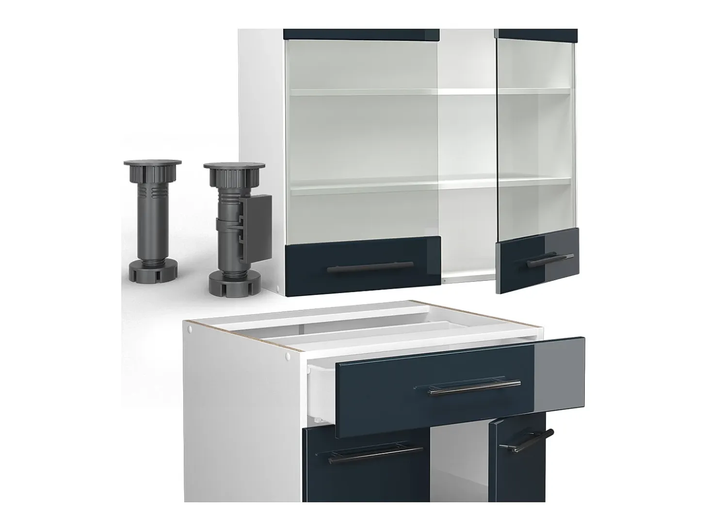 Muebles de cocina azul oscuro alto brillo/blanco 140x60x81.6 fame-line