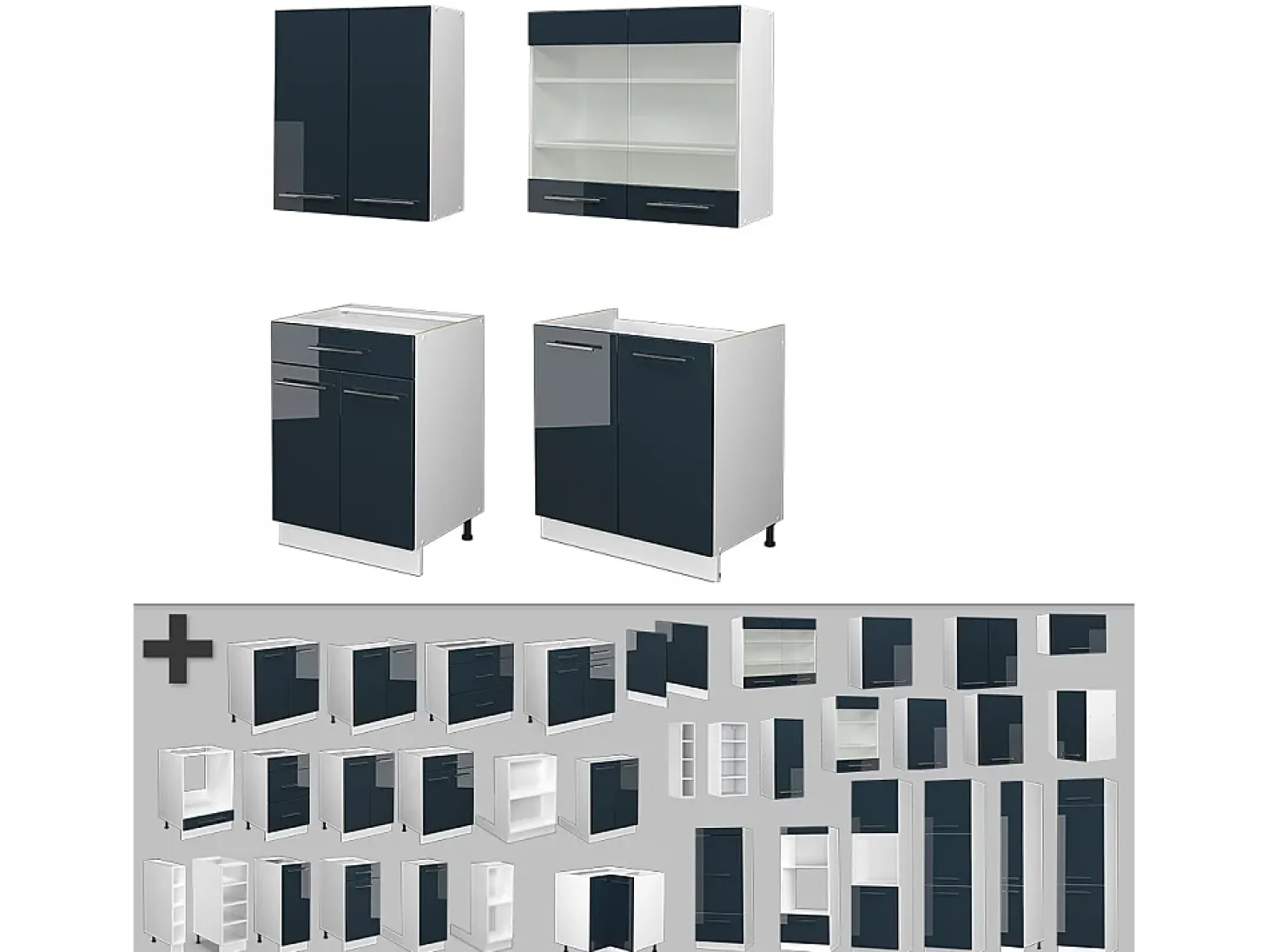 Muebles de cocina azul oscuro alto brillo/blanco 140x60x81.6 fame-line