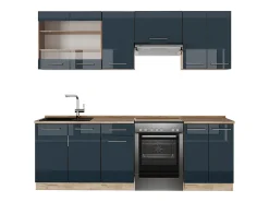 Muebles de cocina azul oscuro alto brillo/roble dorado 240x46x81.6 fame-line