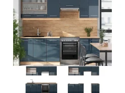 Muebles de cocina azul oscuro alto brillo/roble dorado 240x46x81.6 fame-line