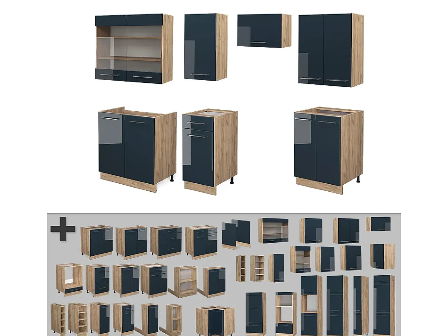 Muebles de cocina azul oscuro alto brillo/roble dorado 240x46x81.6 fame-line