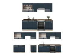 Muebles de cocina azul oscuro alto brillo/roble dorado 240x46x81.6 fame-line
