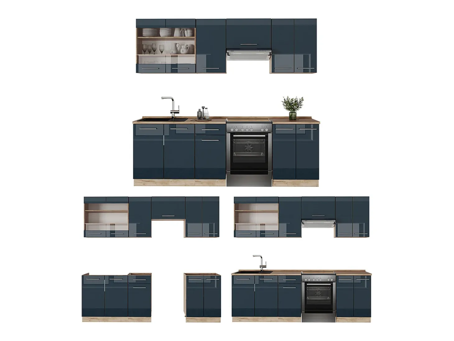 Muebles de cocina azul oscuro alto brillo/roble dorado 240x46x81.6 fame-line