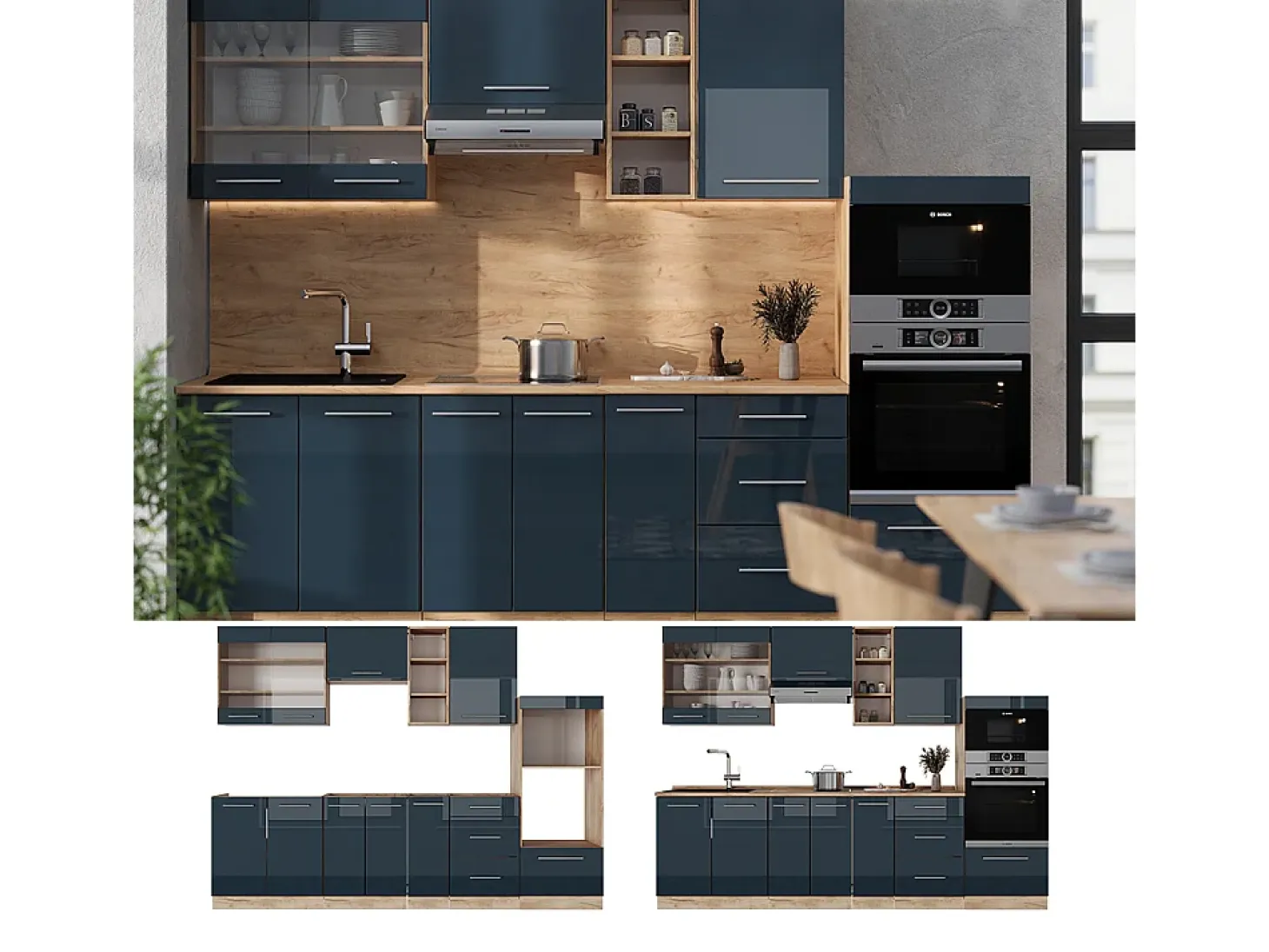 Muebles de cocina azul oscuro alto brillo/roble dorado 280x46x81.6 fame-line