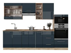 Muebles de cocina azul oscuro alto brillo/roble dorado 280x46x81.6 fame-line