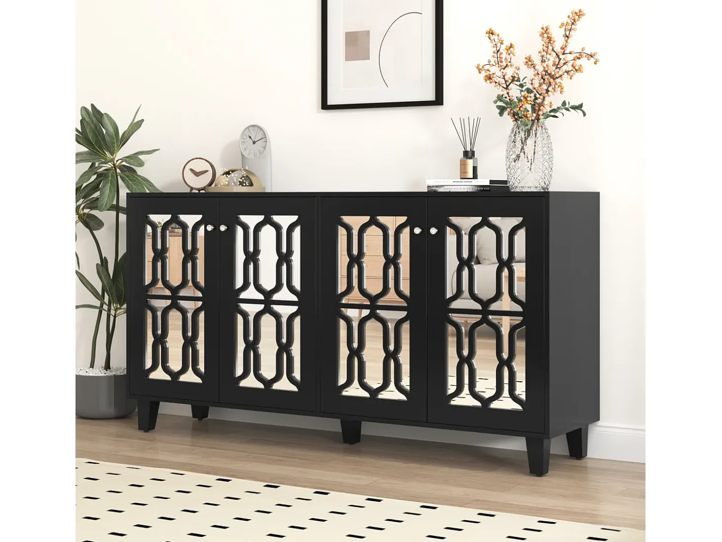 Muebles de cocina negros con 4 puertas, aparador con espejo, divisores extraíbles, aparador de cocina