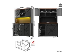 Muebles de cocina 115x40x175 cm - con 4 puertas y 2 cajones - con iluminación LED - estilo rústico - negro