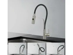 NETTLIFE Grifo de cocina con manguera flexible Grandes extensibles con ducha de mano, 46,5 cm, negro, mezclador de alta presión giratorio 360