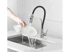 NETTLIFE Grifo de cocina con manguera flexible Grandes extensibles con ducha de mano, 46,5 cm, negro, mezclador de alta presión giratorio 360