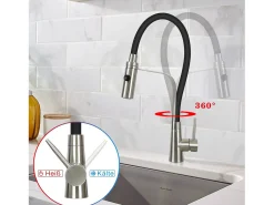 NETTLIFE Grifo de cocina con manguera flexible Grandes extensibles con ducha de mano, 46,5 cm, negro, mezclador de alta presión giratorio 360