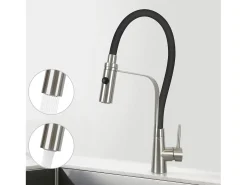 NETTLIFE Grifo de cocina con manguera flexible Grandes extensibles con ducha de mano, 46,5 cm, negro, mezclador de alta presión giratorio 360